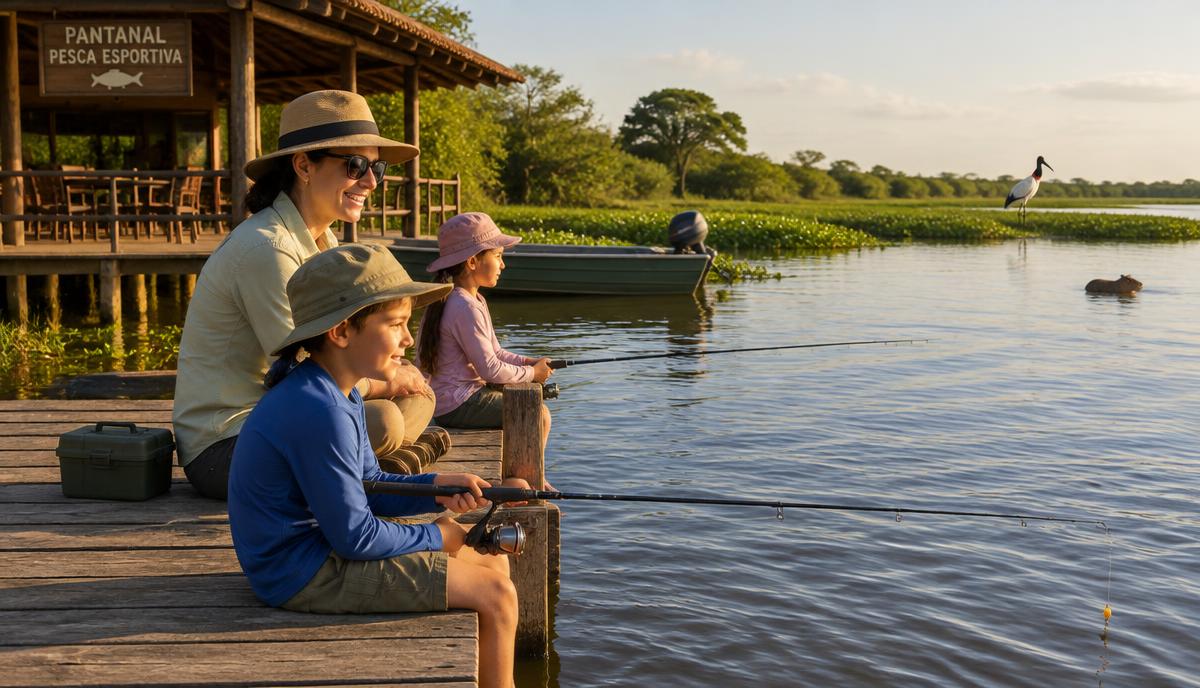 Imagem ilustrativa de família pescando em píer de pousada no Pantanal