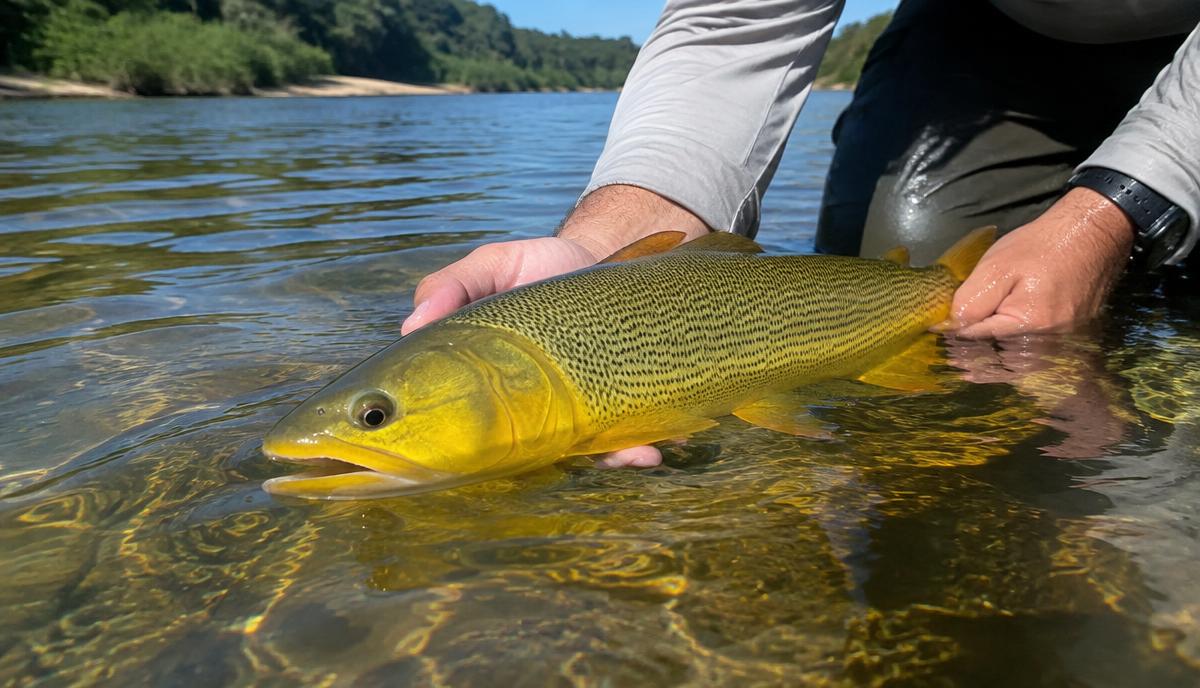 Imagem ilustrativa de pescador soltando um dourado no rio